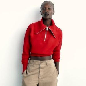Zara red knit zip sweater brand new